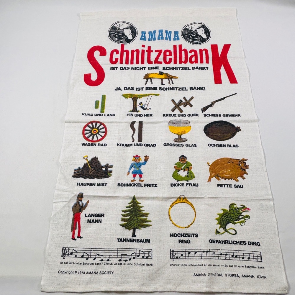 Vintage Schnitzelbank Tea Towel 1973 Amana Society Kay Dee Designs Linen Cotton